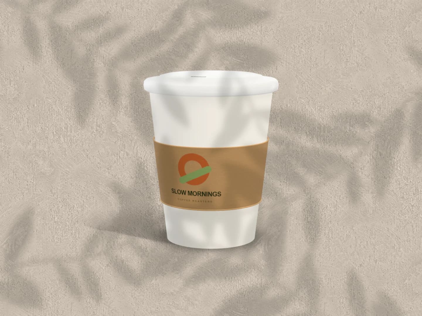 Free takeaway cup scene with the Slow Mornings mark on a kraft sleeve
