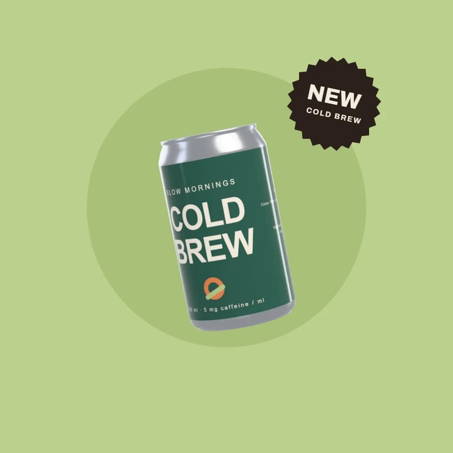A green cold brew can with a NEW seal on sage
