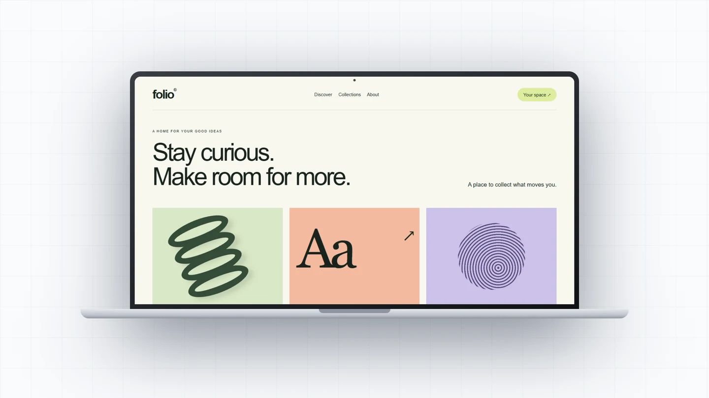 Front-on MacBook frame with the Folio portfolio screenshot and a pale grid background