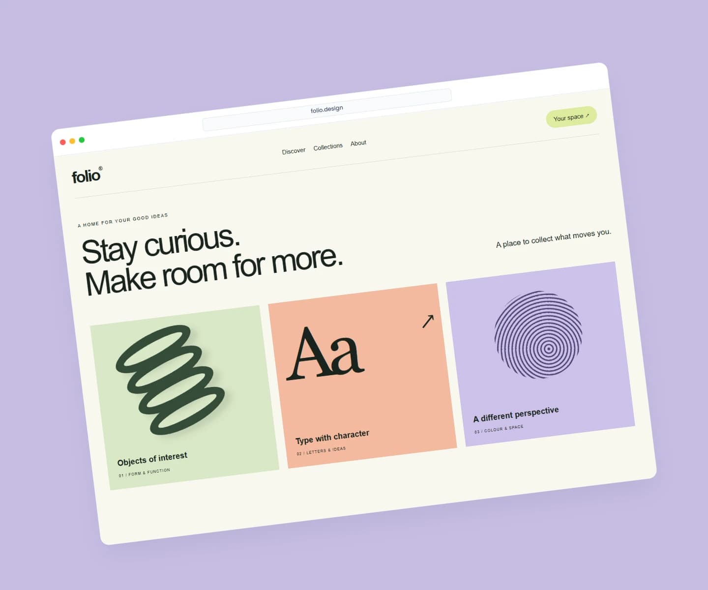 Folio website framed in a lilac browser mockup