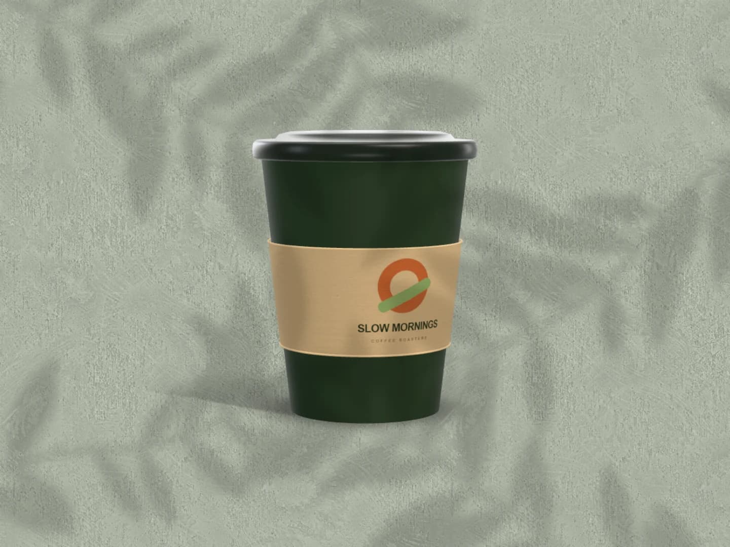 Café branding mockup: the free cup scene recoloured, a deep green takeaway cup with the fictional Slow Mornings sleeve on sage plaster