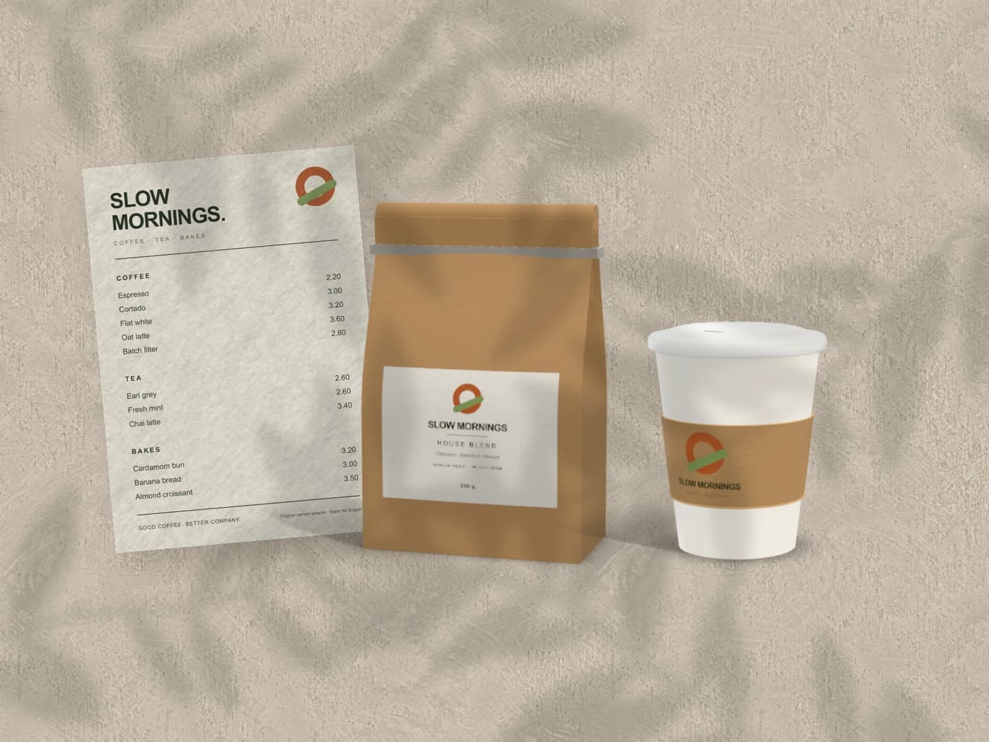 Café identity set: Menu, coffee bag and cup on plaster