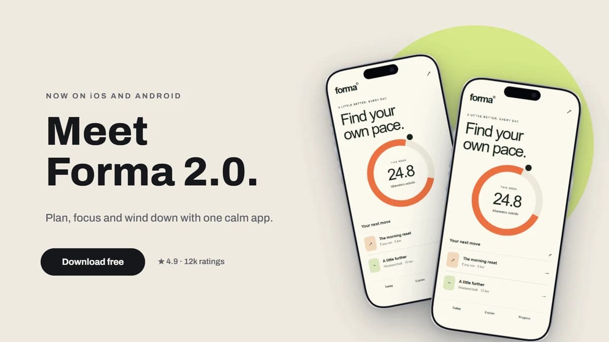 The Forma launch hero: headline, button and two phones on cream