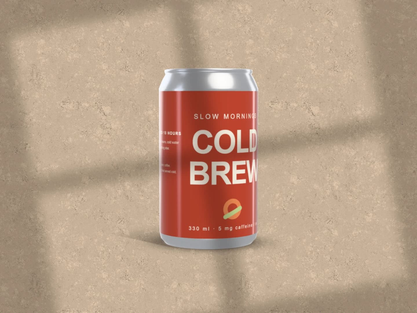 Drinks can mockup: the free can scene recoloured, the fictional Slow Mornings cold brew wrap on a red can under window light on peach