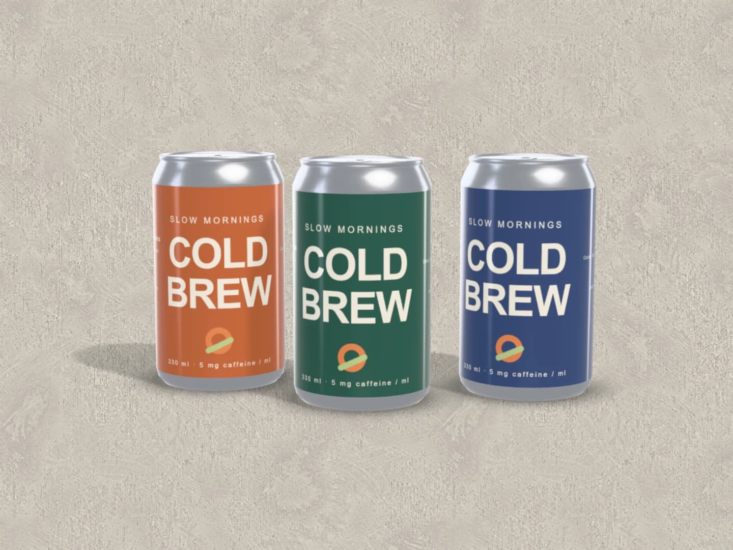 Drinks can mockup: Three cans in three colourways on plaster