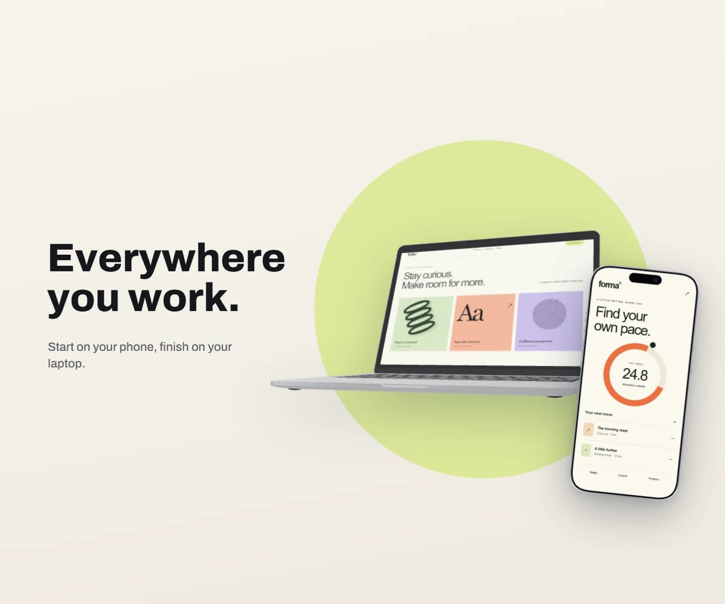 3D laptop and phone mockup: 3D laptop and phone beside a headline on cream