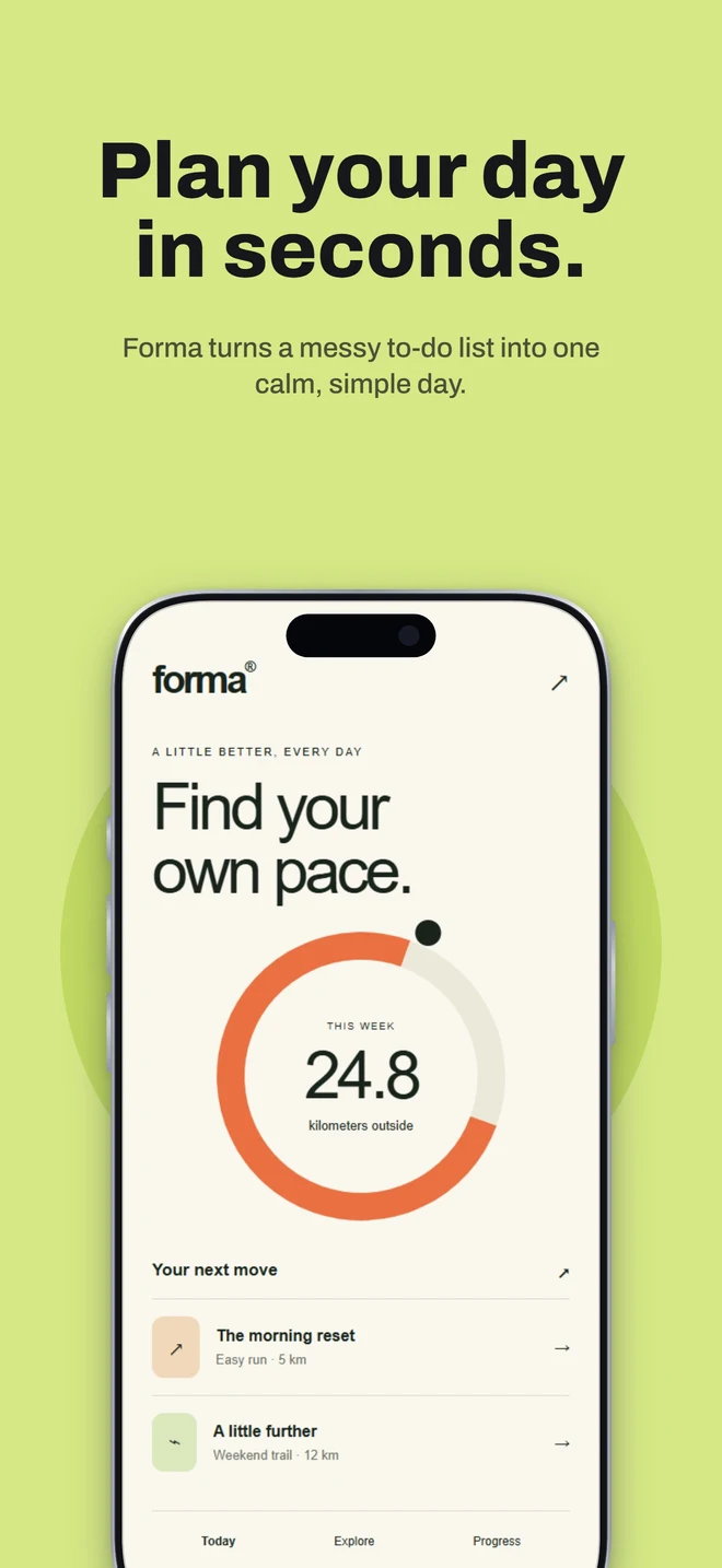 English Forma screenshot: Plan your day in seconds, above the English app interface