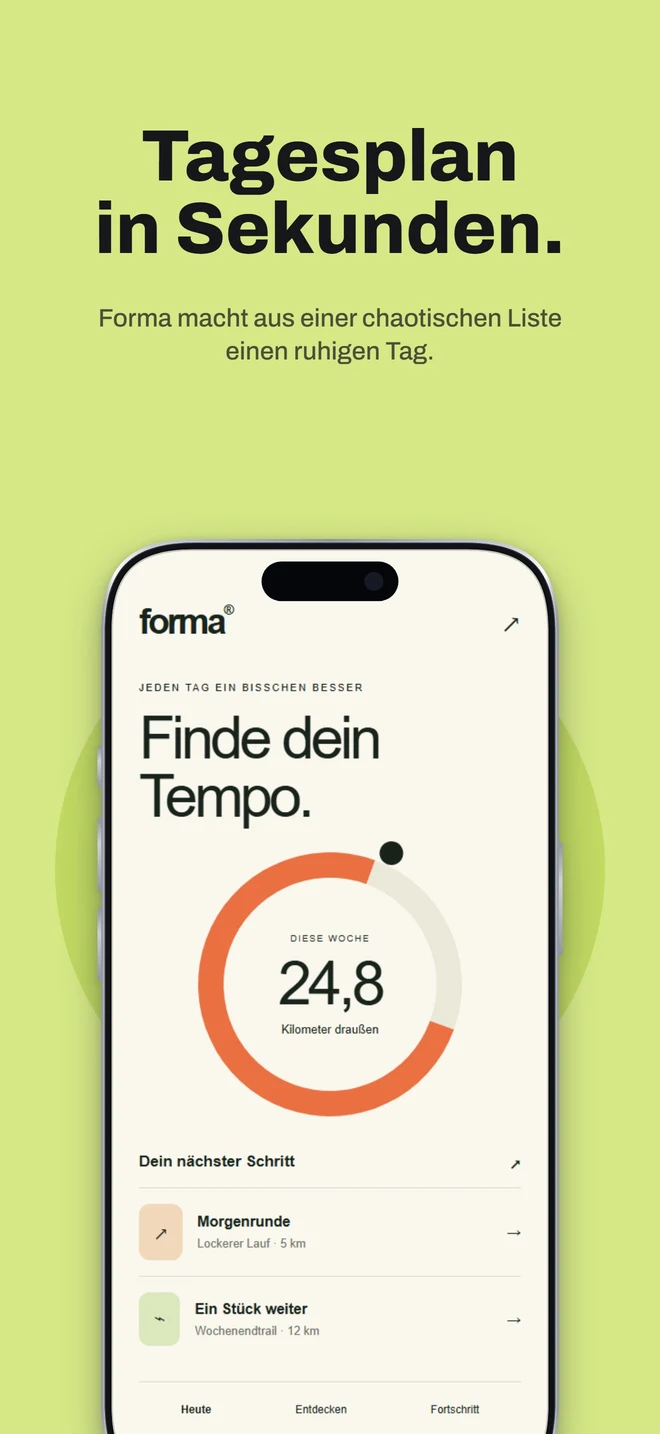 German Forma screenshot: Tagesplan in Sekunden, above the German app interface