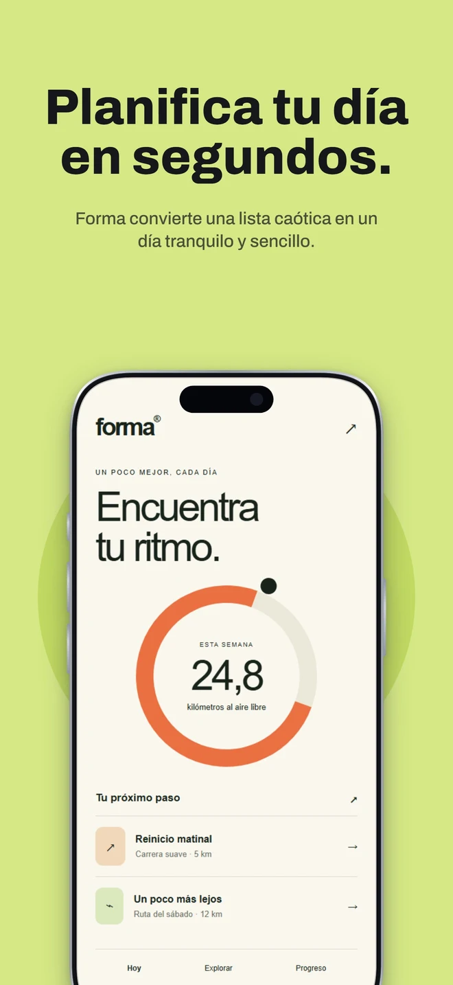 Spanish Forma screenshot: Planifica tu día en segundos, above the Spanish app interface