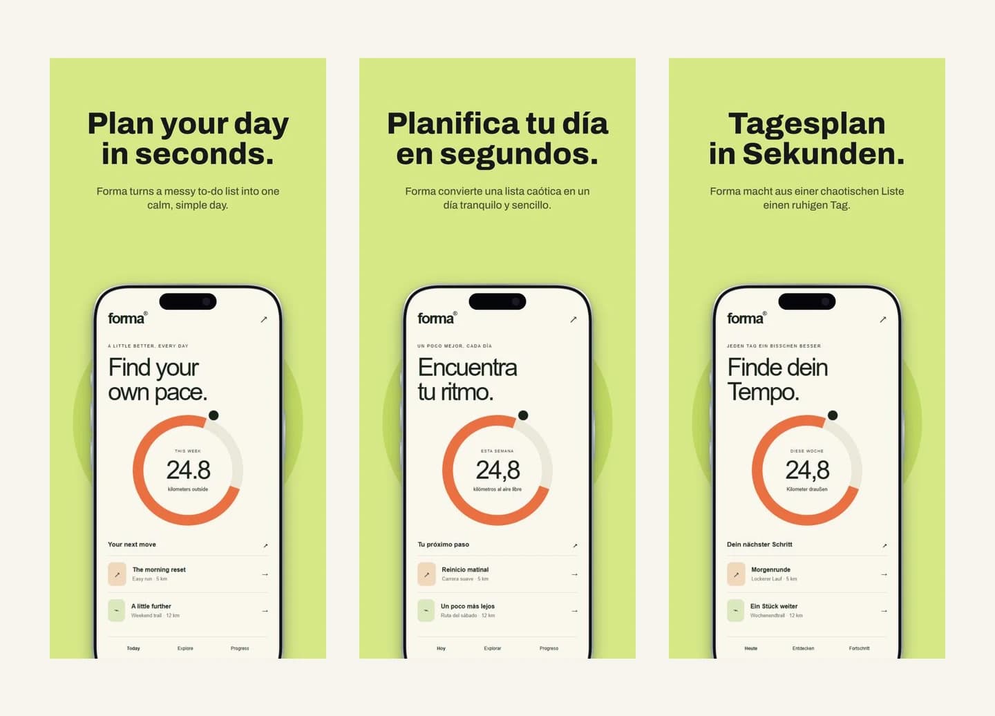 The same Forma screenshot design in English, Spanish and German, with matching lime backgrounds and iPhone layouts