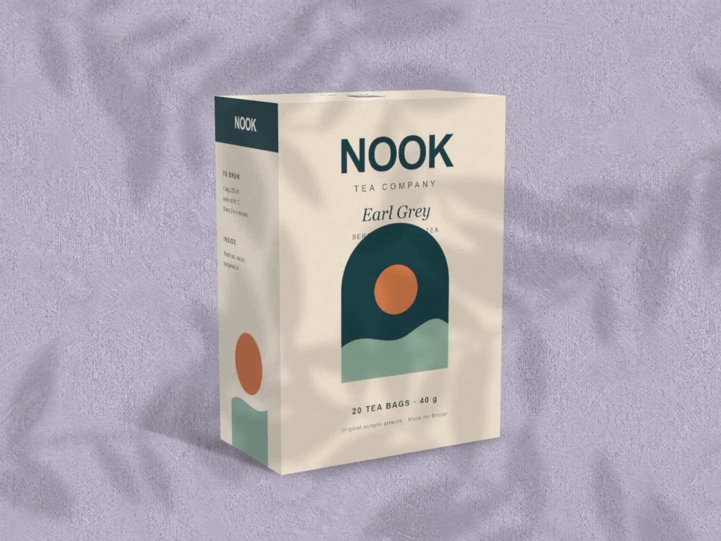 Carton packaging mockup: the free carton scene turned to show its other side, a fictional tea box on lilac plaster