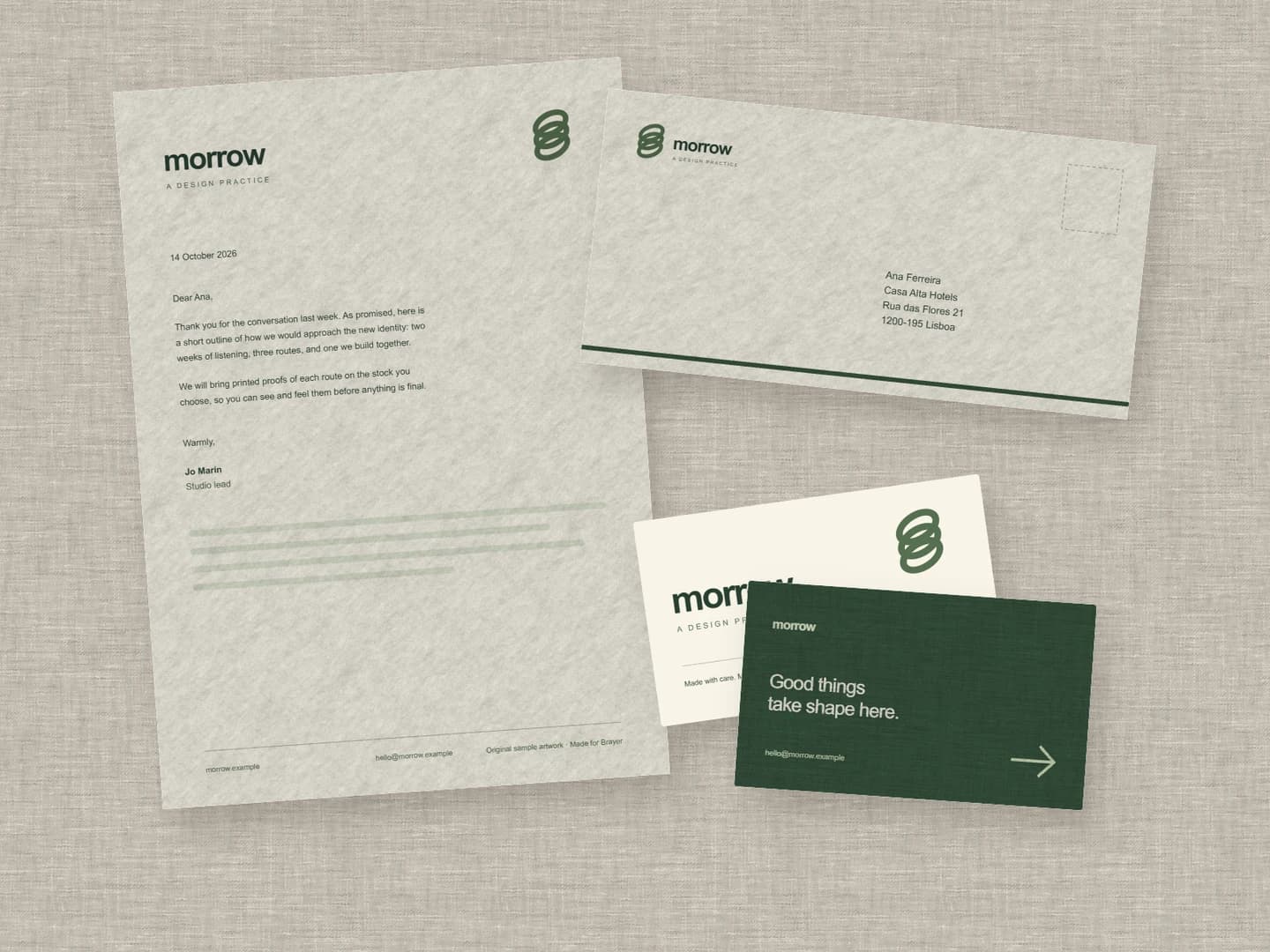 Stationery set: Letterhead, envelope and cards on linen