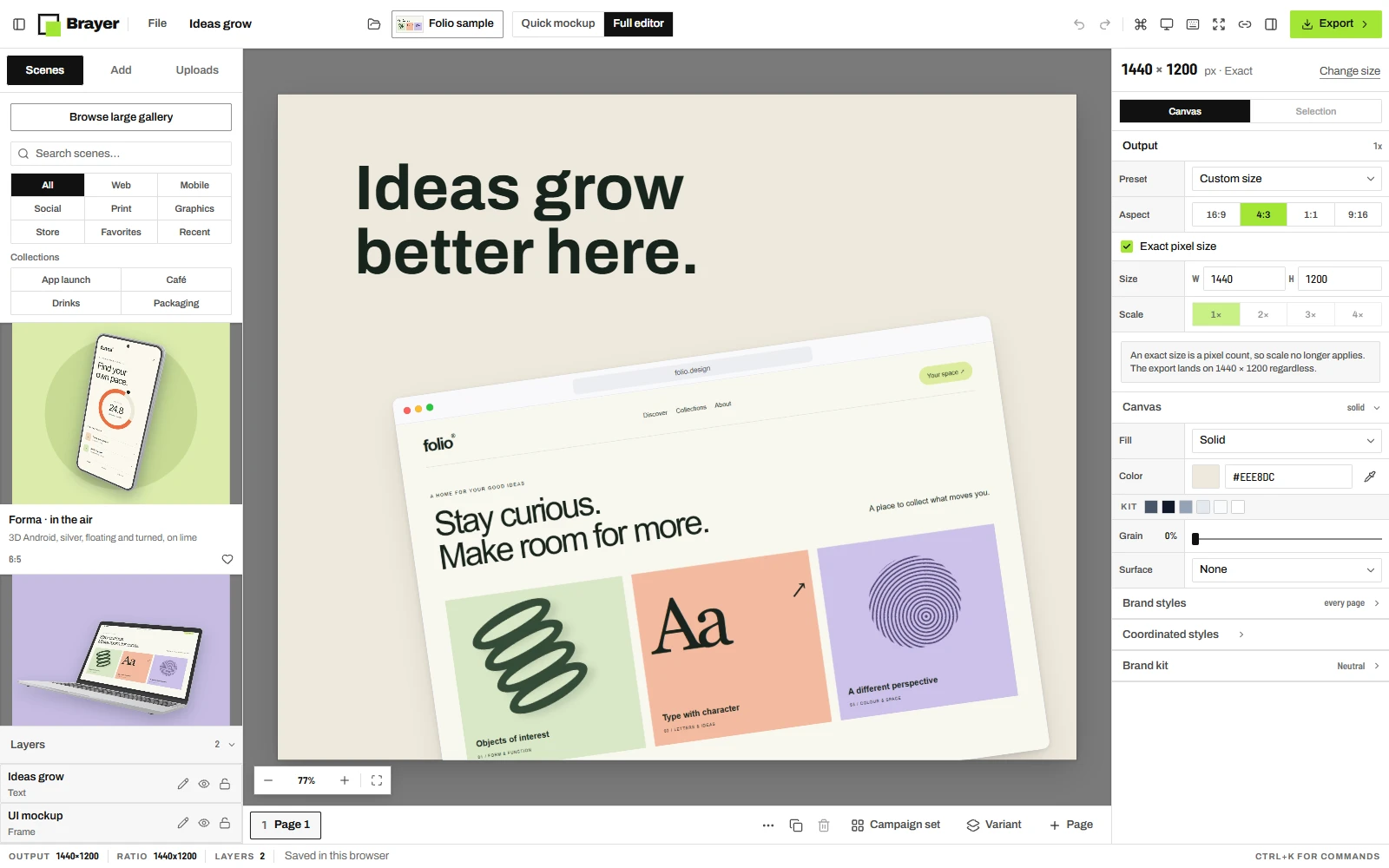 The Brayer editor with the Ideas grow social scene: a headline over a browser showing the Folio site, scenes and layers on the left, output and canvas controls on the right