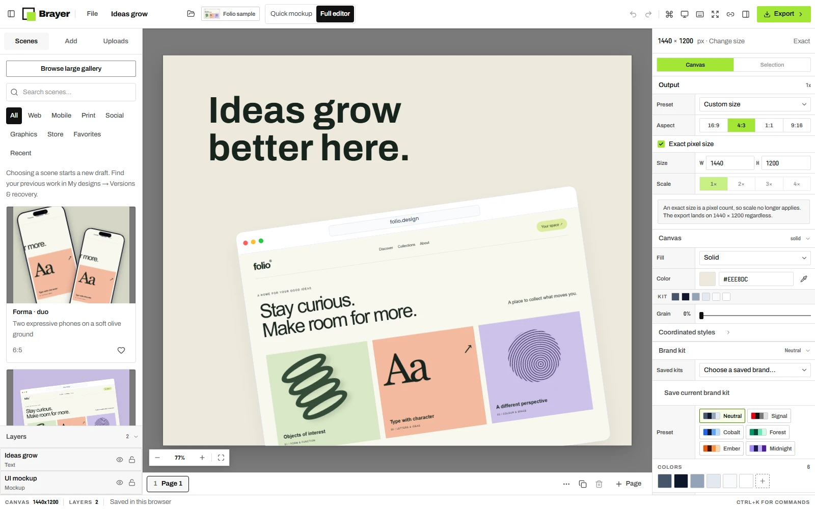 The Brayer editor with a composed Folio showcase, layers on the left, and design controls on the right